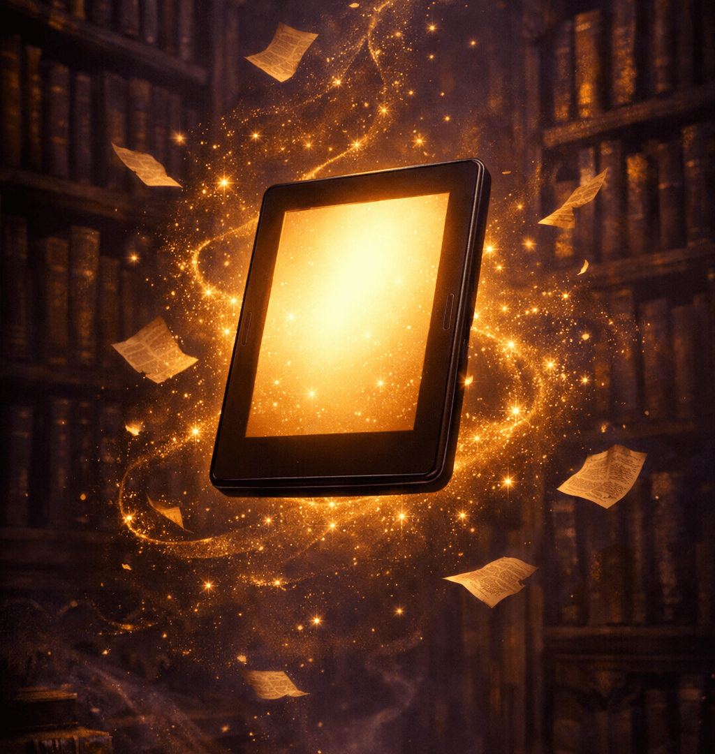A glowing e-reader floating in a dark enchanted library