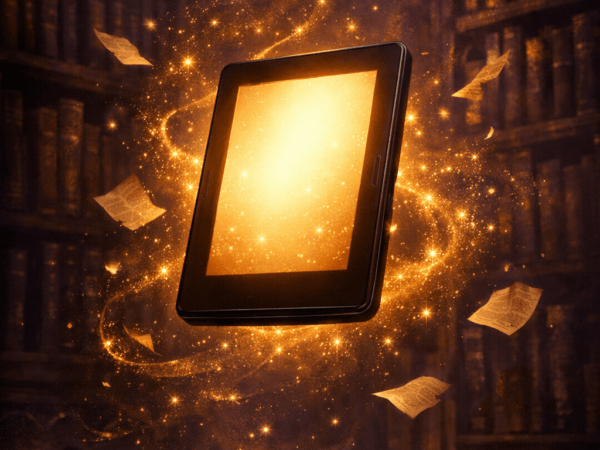 A glowing e-reader floating in a dark enchanted library