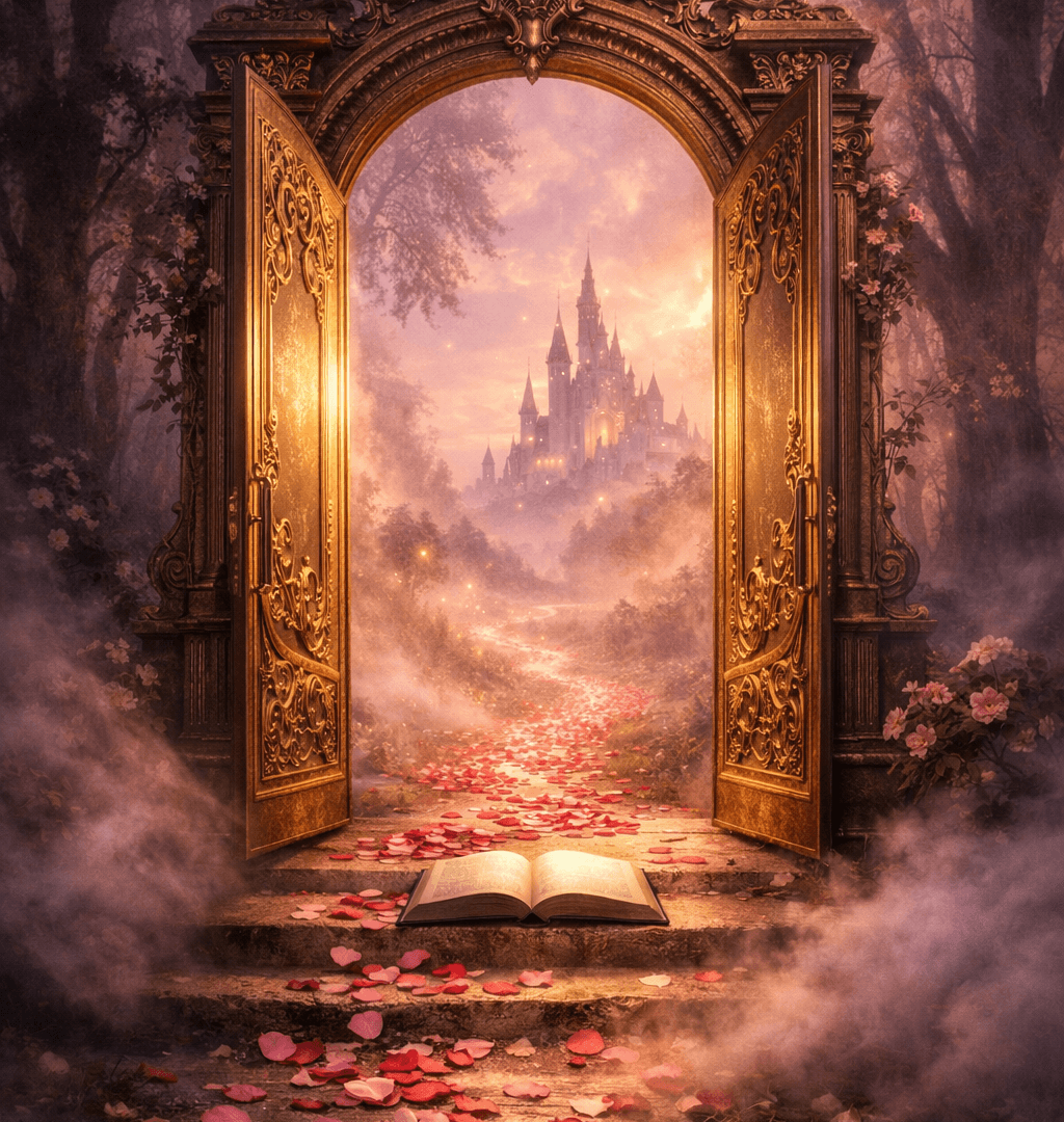 An ornate golden doorway standing open in a misty forest, revealing a path of scattered rose petals leading into a glowing fantasy realm
