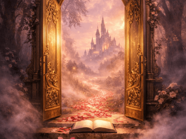 An ornate golden doorway standing open in a misty forest, revealing a path of scattered rose petals leading into a glowing fantasy realm