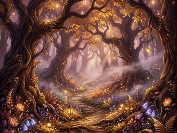 Lush enchanted forest with magical plants and ethereal light