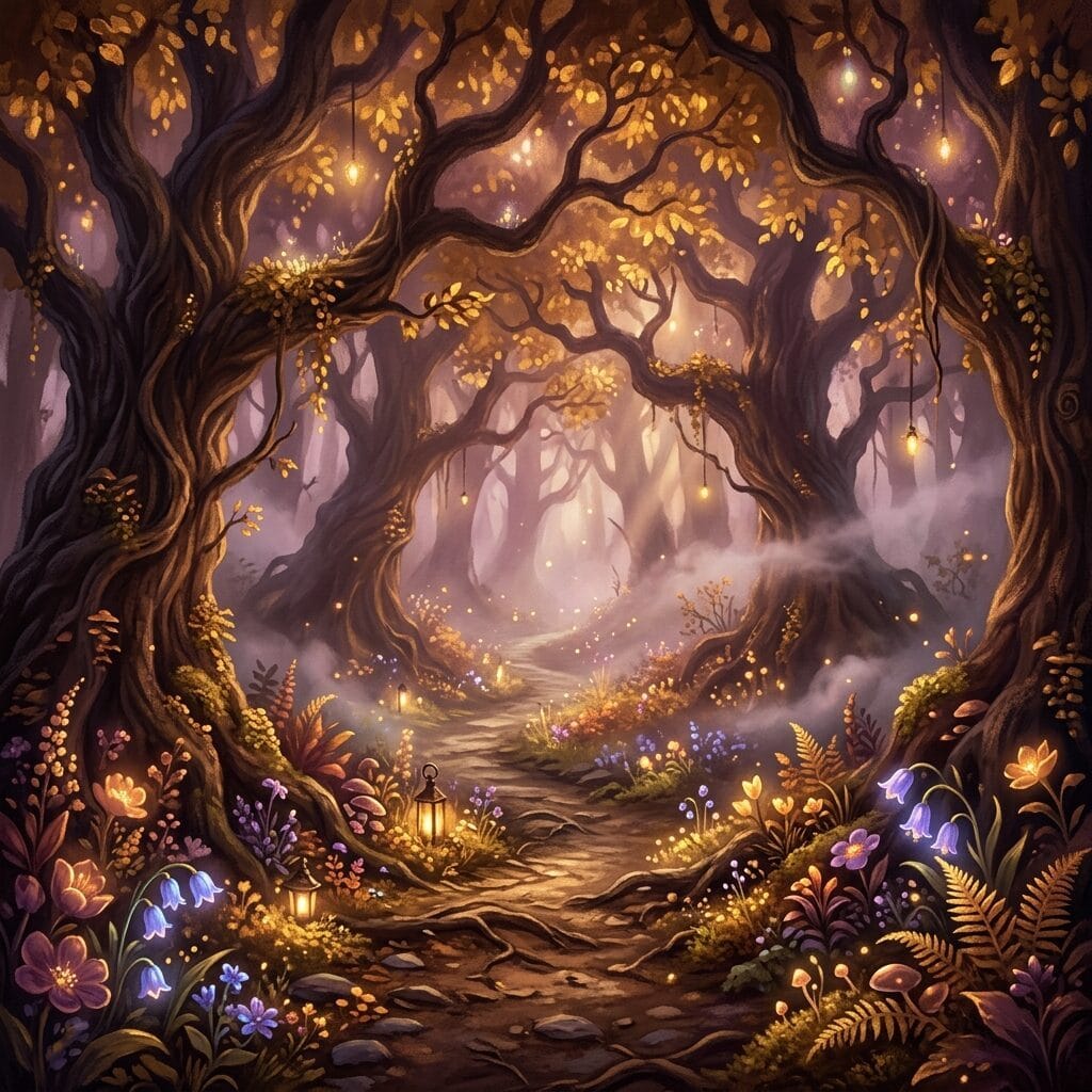 Lush enchanted forest with magical plants and ethereal light