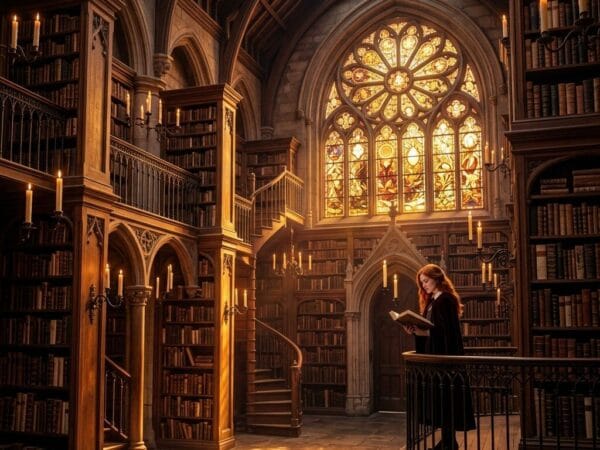 Enchanted library with glowing books and magical atmosphere