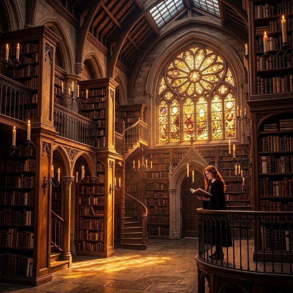 Enchanted library with glowing books and magical atmosphere
