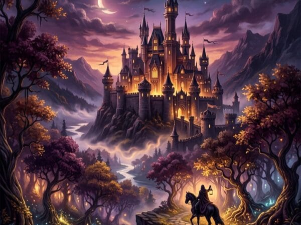 Ethereal fantasy castle at sunset with magical glowing windows