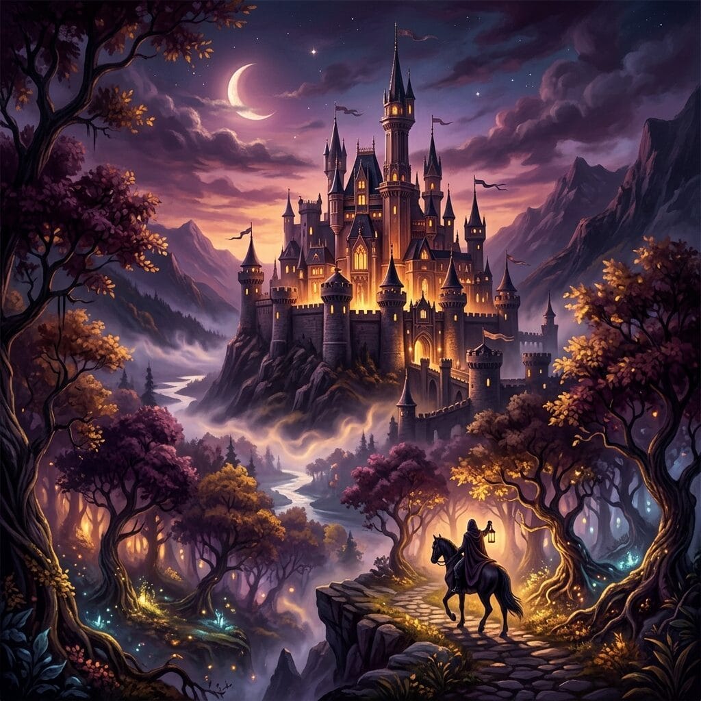 Ethereal fantasy castle at sunset with magical glowing windows