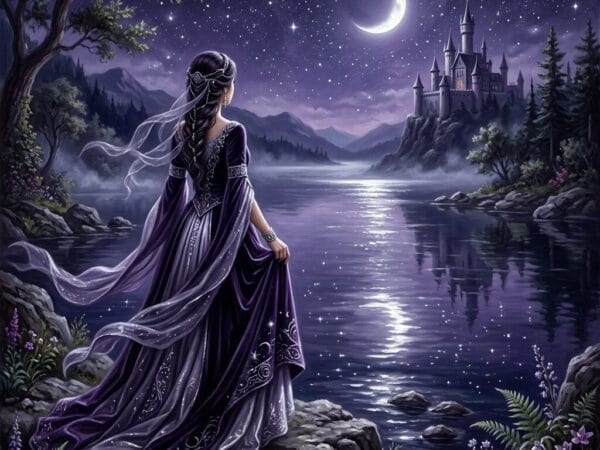 Moonlit fantasy heroine with a sword in a magical forest