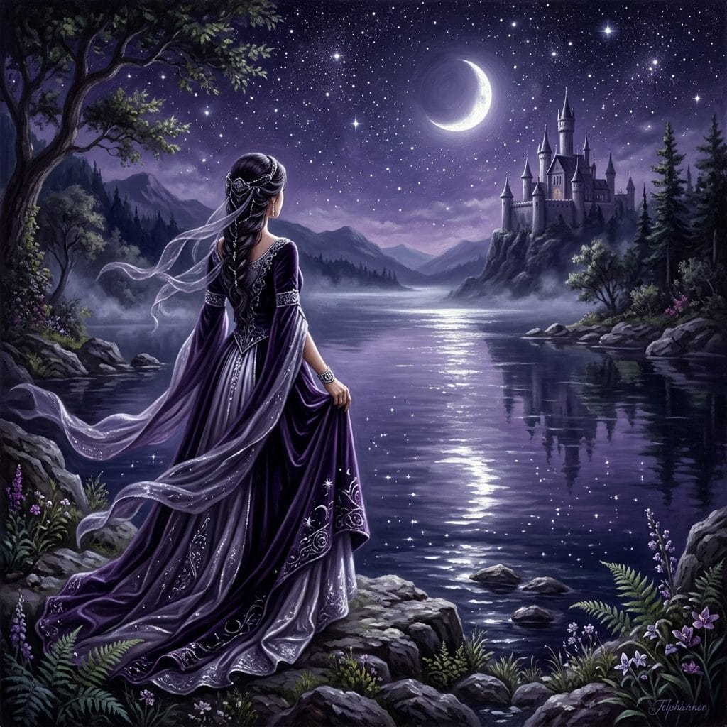 Moonlit fantasy heroine with a sword in a magical forest