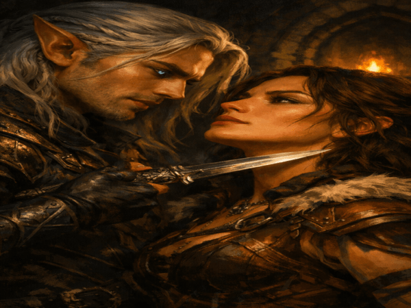 a fae warrior and a defiant heroine locked in a charged standoff within a shadowed castle corridor