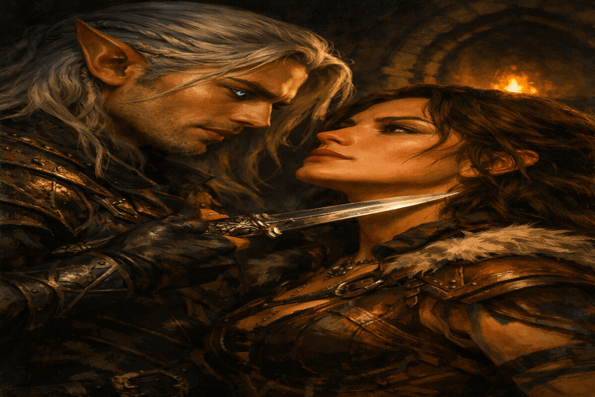 a fae warrior and a defiant heroine locked in a charged standoff within a shadowed castle corridor