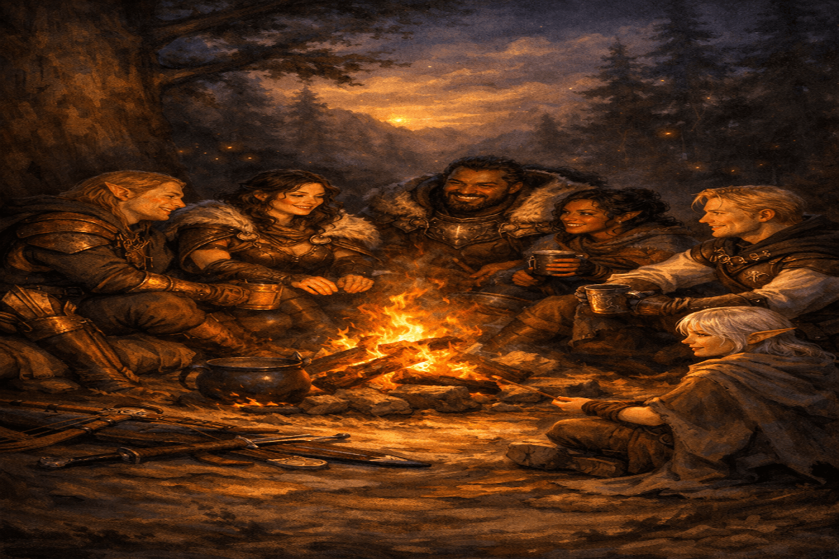 a warm, intimate tableau of adventurers resting in trust and laughter beneath the forest canopy