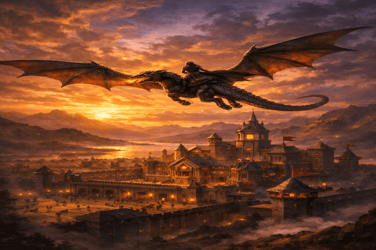 a breathtaking view of a dragon rider soaring above a dark military academy bathed in sunset gold and violet