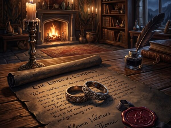 Two ornate wedding rings resting on a signed wax-sealed scroll parchment contract on a desk in a candlelit room, representing the arranged marriage trope