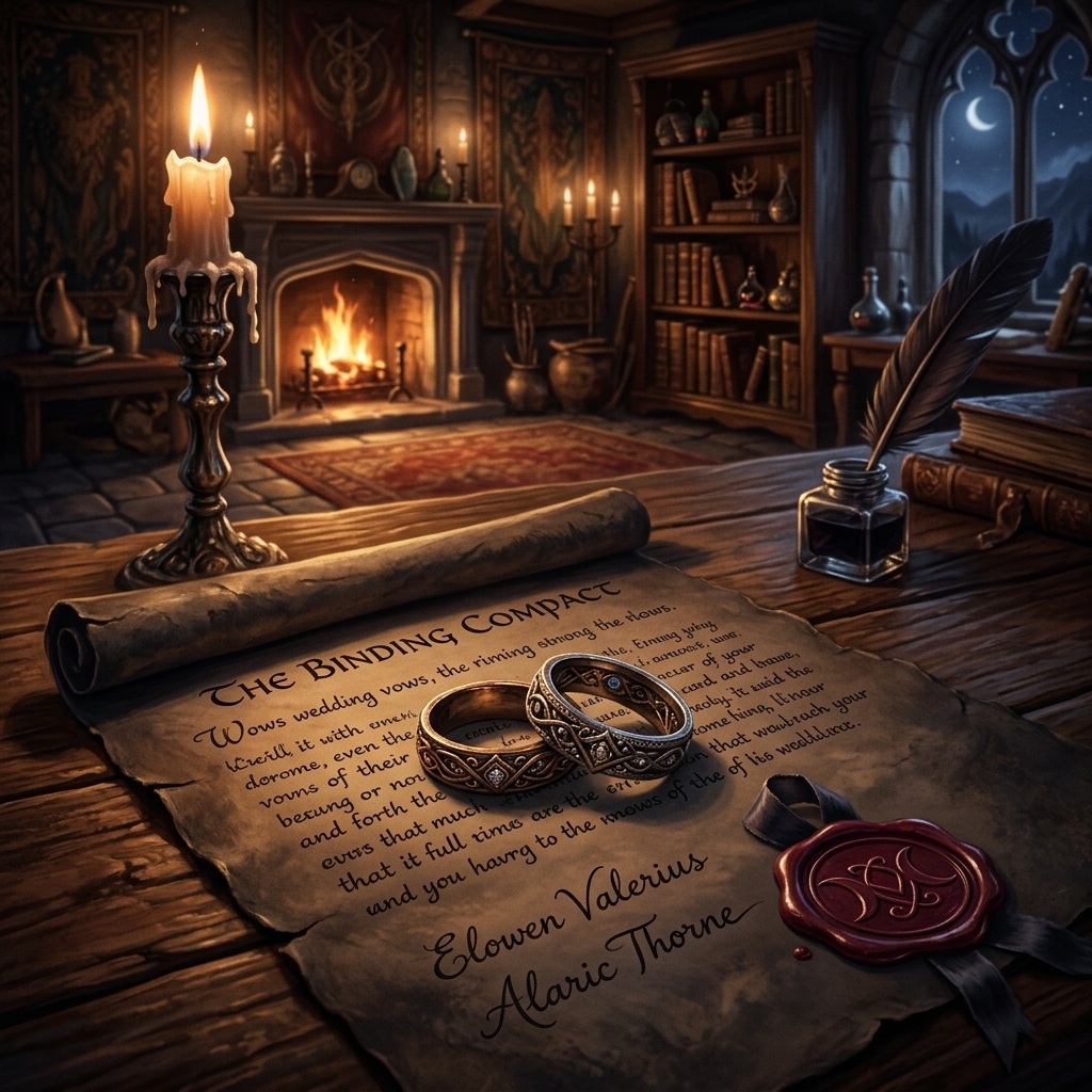 Two ornate wedding rings resting on a signed wax-sealed scroll parchment contract on a desk in a candlelit room, representing the arranged marriage trope