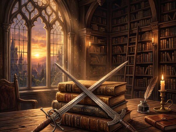 Crossed antique swords over leather-bound books in a moody fantasy library at sunset, representing the enemies to lovers trope
