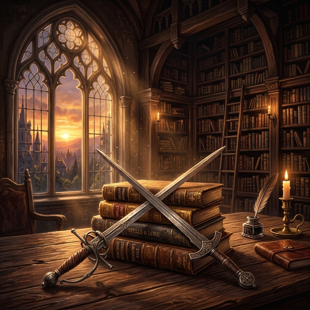 Crossed antique swords over leather-bound books in a moody fantasy library at sunset, representing the enemies to lovers trope