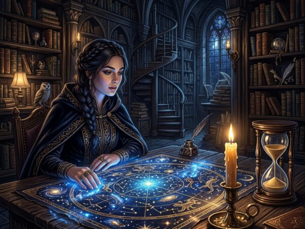 A glowing celestial map of stars and constellations next to an hourglass and a candle on a dark wooden table in a fantasy library, representing the fated mates trope