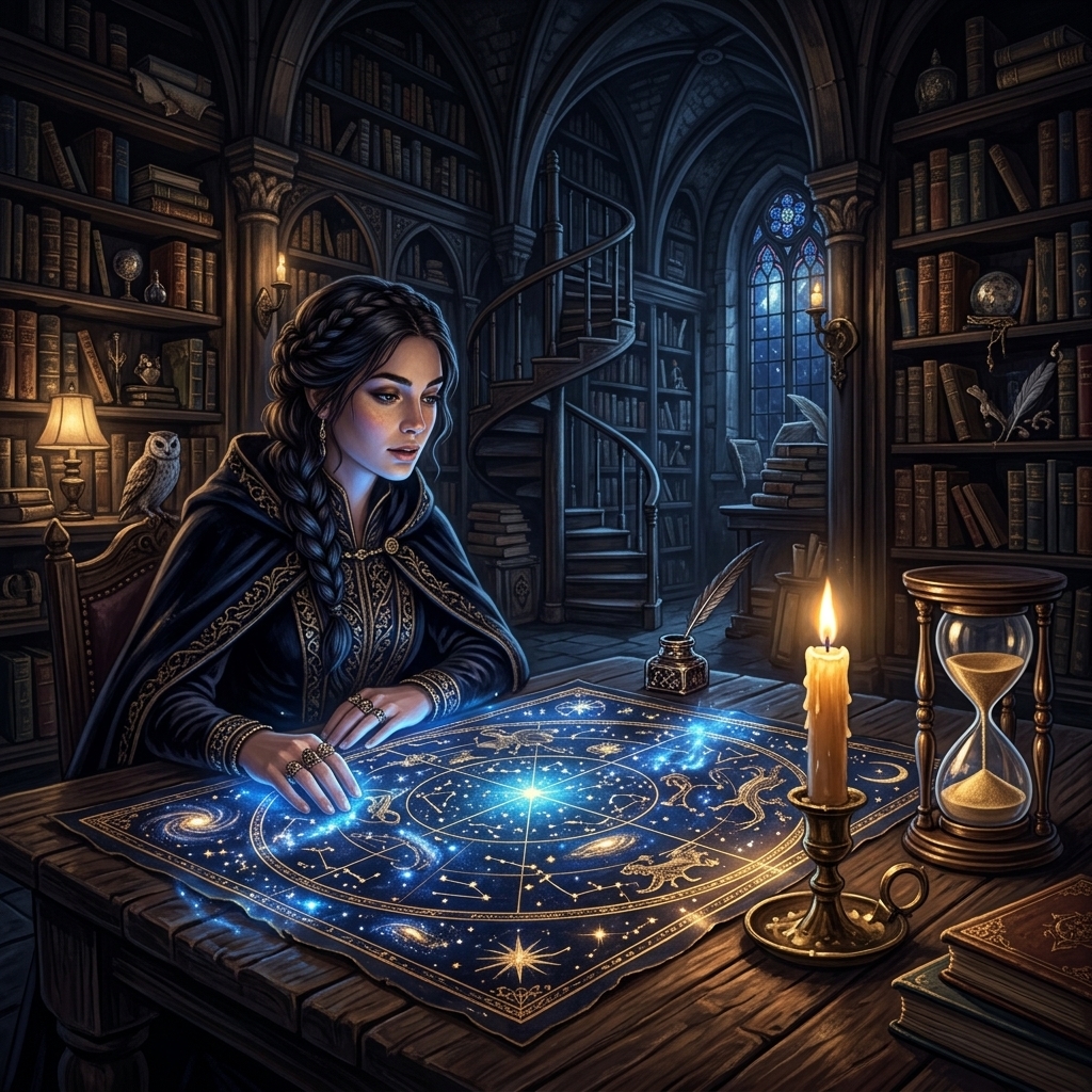 A glowing celestial map of stars and constellations next to an hourglass and a candle on a dark wooden table in a fantasy library, representing the fated mates trope