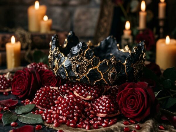 A dramatic close-up of a dark obsidian crown resting on fresh red pomegranate seeds and roses under soft candlelight, representing the Hades and Persephone myth in romantasy.