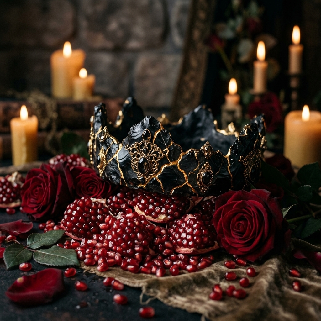 A dramatic close-up of a dark obsidian crown resting on fresh red pomegranate seeds and roses under soft candlelight, representing the Hades and Persephone myth in romantasy.