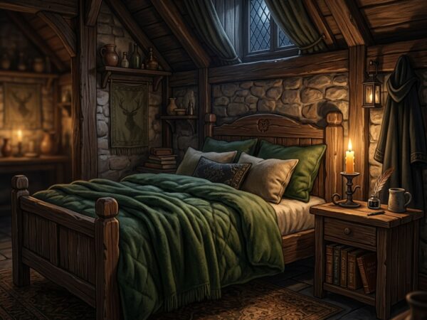 Cozy fantasy tavern bedroom with one bed and candlelight, representing the only one bed trope