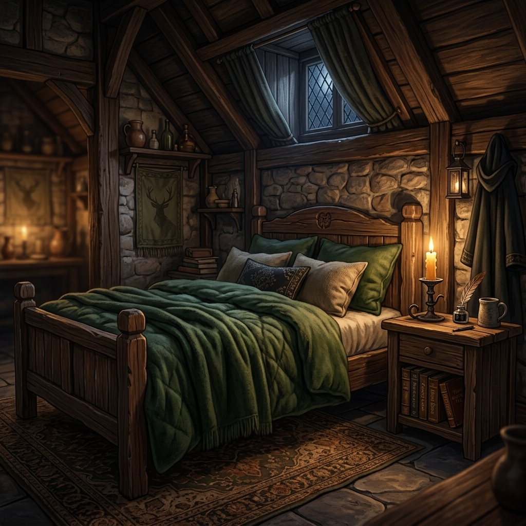 Cozy fantasy tavern bedroom with one bed and candlelight, representing the only one bed trope