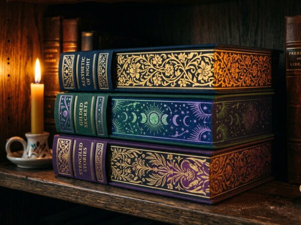 Stack of books with stenciled sprayed edges in gold, green, and purple on a dark wooden bookshelf under soft candle glow, representing special edition book aesthetics.