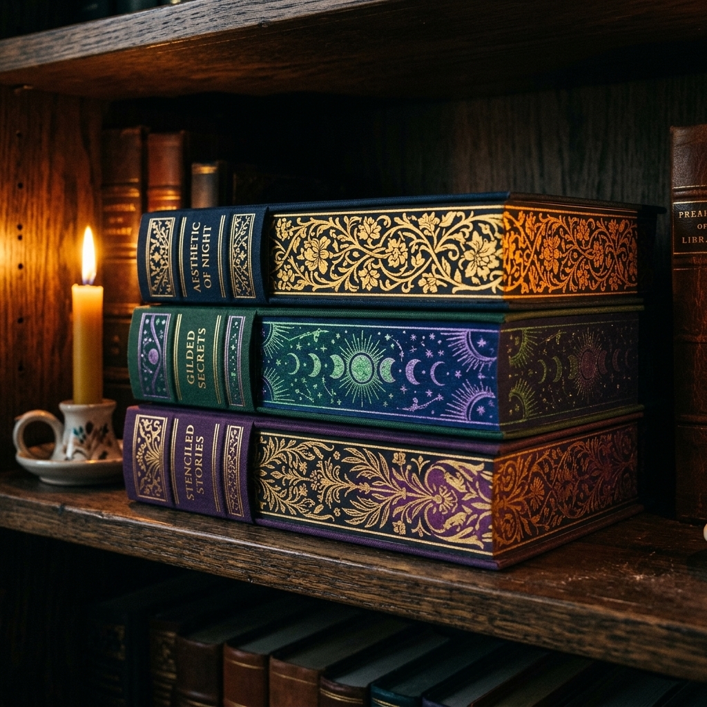 Stack of books with stenciled sprayed edges in gold, green, and purple on a dark wooden bookshelf under soft candle glow, representing special edition book aesthetics.