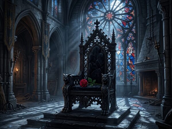 A single red rose resting on a dark gothic stone and iron throne in a moonlit room, representing the villain romance trope