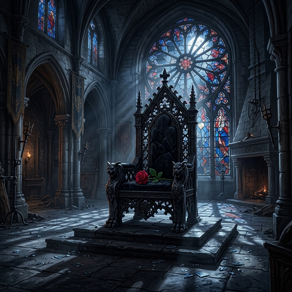A single red rose resting on a dark gothic stone and iron throne in a moonlit room, representing the villain romance trope