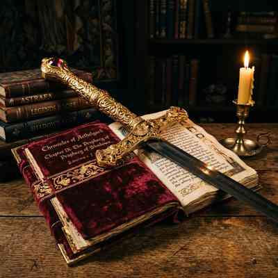 An ornate golden hilt sword resting on an open velvet journal under soft candlelight