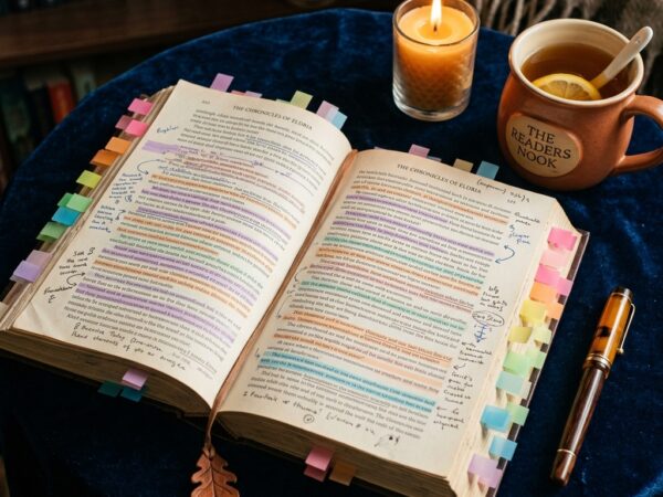A cozy, close-up photograph of a heavily annotated fantasy book lying open on a dark velvet tablecloth, covered in colorful translucent sticky tabs and pastel highlighter marks, illuminated by soft candlelight.
