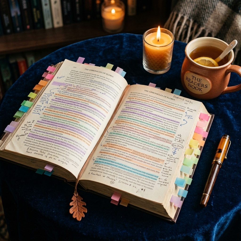 A cozy, close-up photograph of a heavily annotated fantasy book lying open on a dark velvet tablecloth, covered in colorful translucent sticky tabs and pastel highlighter marks, illuminated by soft candlelight.