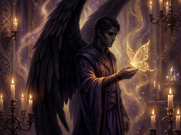 A mystical digital painting of a glowing gold butterfly resting on the hand of a dark, shadowy male figure with massive soft black wings, illuminated by candlelight.
