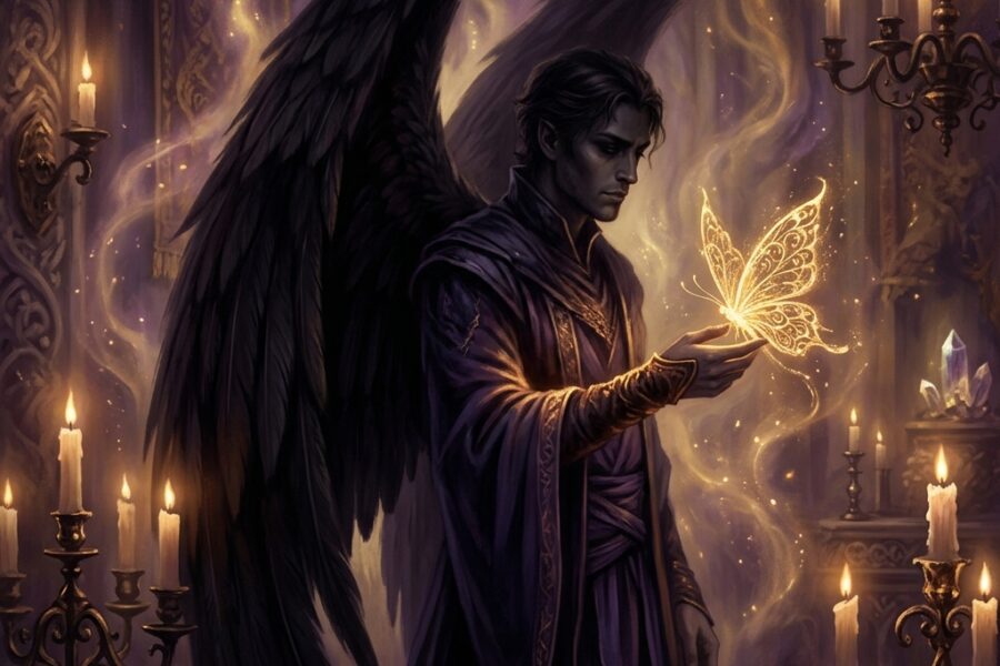 A mystical digital painting of a glowing gold butterfly resting on the hand of a dark, shadowy male figure with massive soft black wings, illuminated by candlelight.
