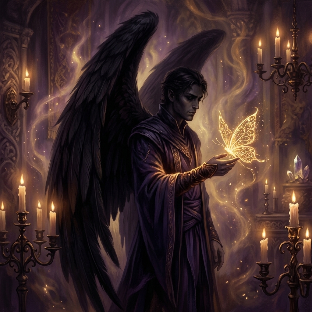 A mystical digital painting of a glowing gold butterfly resting on the hand of a dark, shadowy male figure with massive soft black wings, illuminated by candlelight.