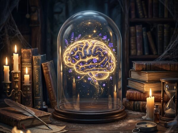 A glowing brain silhouette made of golden stardust and purple flowers inside a glass bell jar on a dark table surrounded by books and candles.
