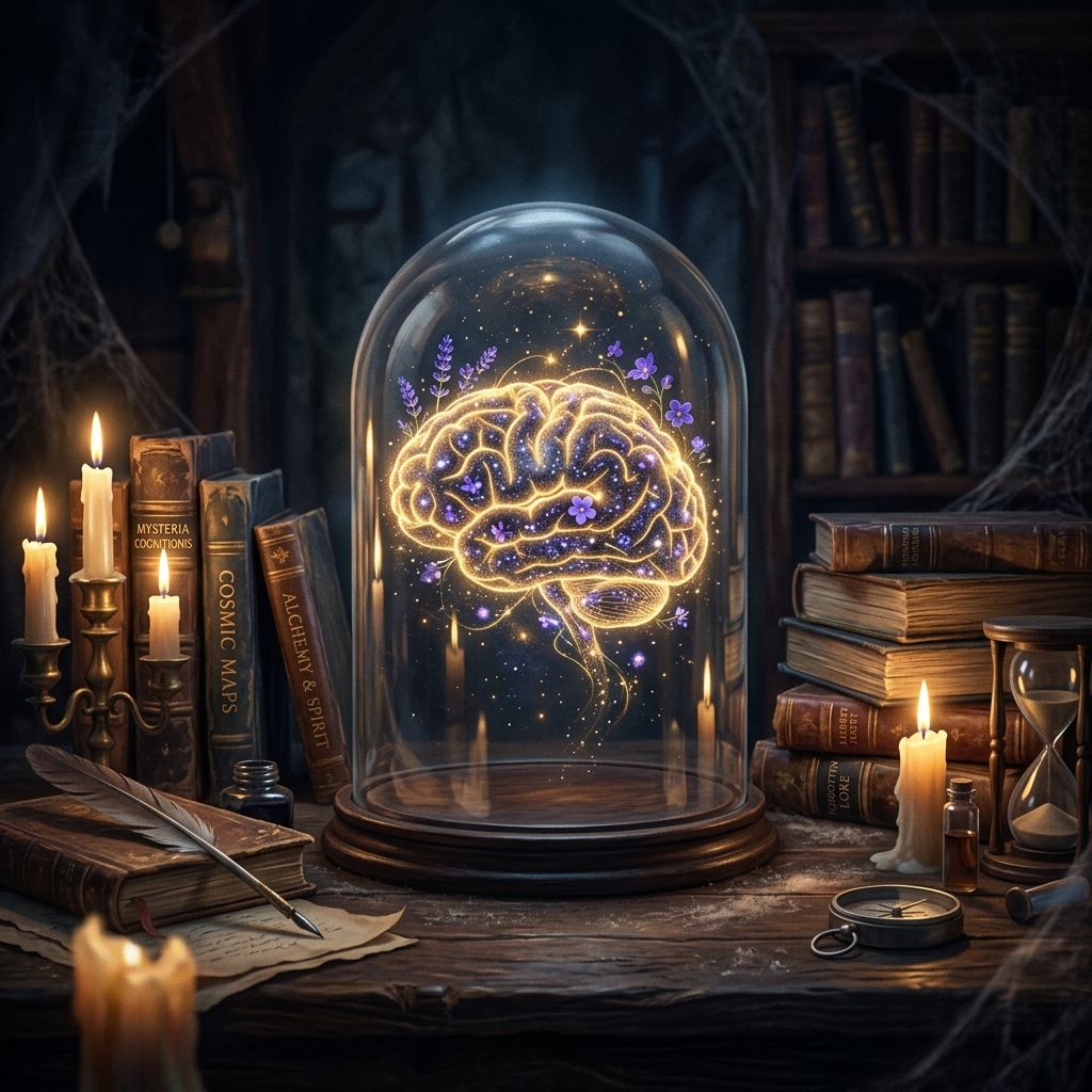 A glowing brain silhouette made of golden stardust and purple flowers inside a glass bell jar on a dark table surrounded by books and candles.