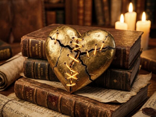A close-up digital photograph of a metallic gold heart that is cracked but held together by glowing golden stitches. It rests on a pile of dusty old fantasy books and parchment, illuminated by soft candlelight.