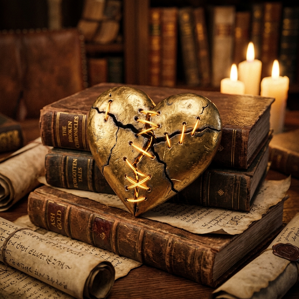 A close-up digital photograph of a metallic gold heart that is cracked but held together by glowing golden stitches. It rests on a pile of dusty old fantasy books and parchment, illuminated by soft candlelight.